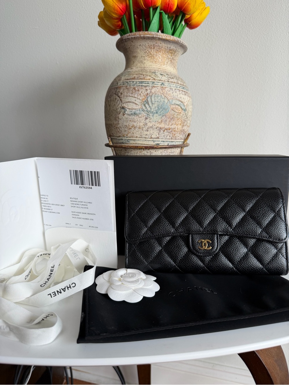 CHANEL Black Quilted Caviar Leather Wallet with Gold CC
